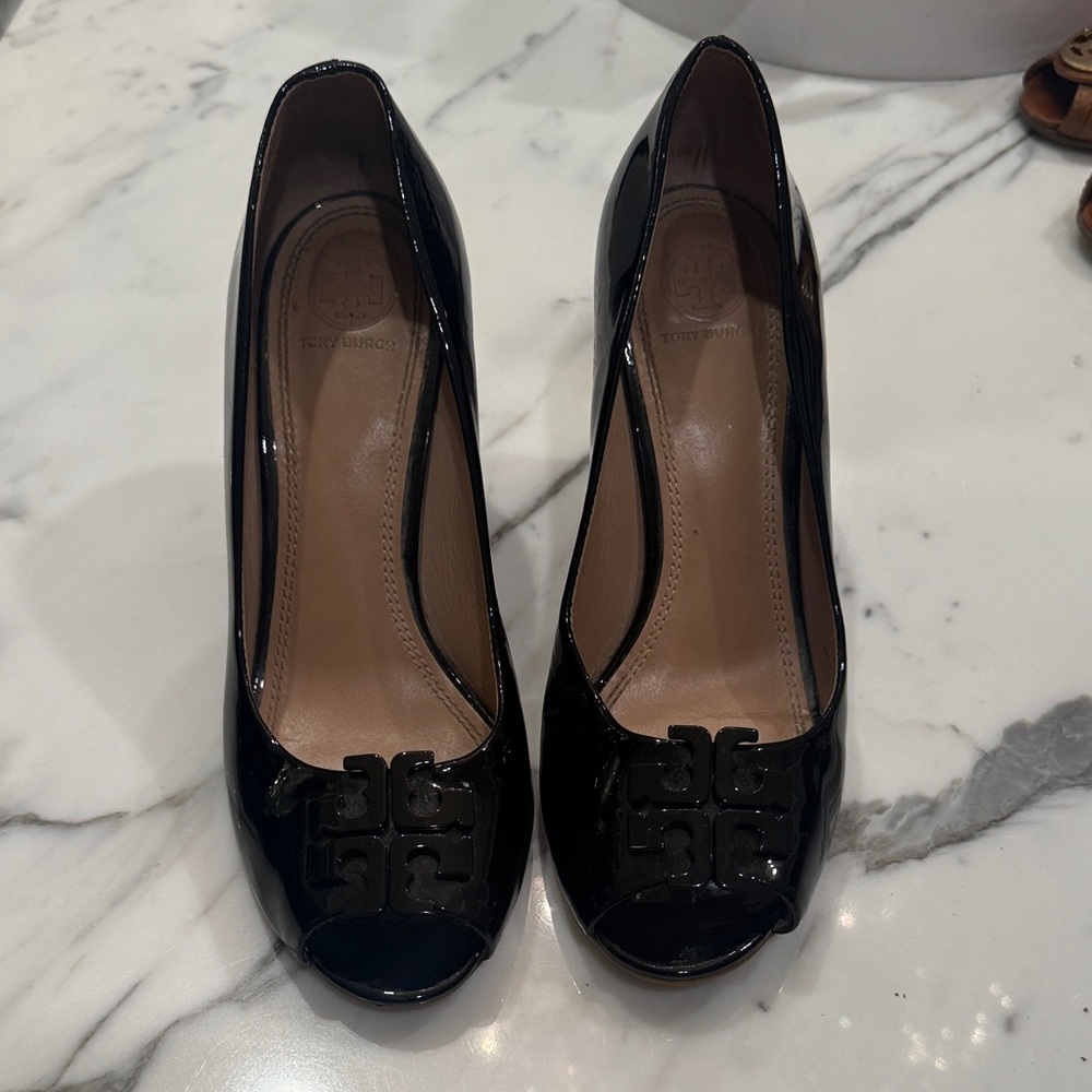 Tory Burch Black Patent Leather Peep-Toe Heels